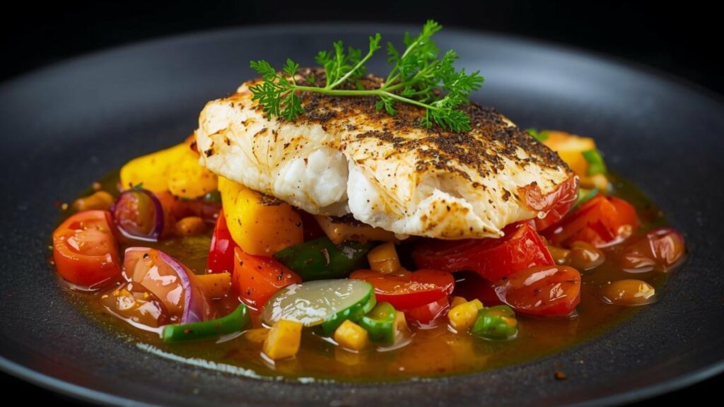 recette - Filet de poisson rôti, sauce confiture de tomates au romarin.