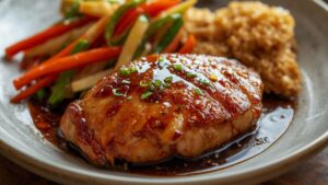 Recette - Filet de poulet rôti à la confiture de potimarron au safran , sauce soja