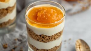 Recette-Verrine mascarpone – confiture de potimarron – crumble